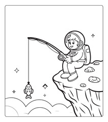 Naklejka premium Cute astronaut in space with activities educational coloring page for kids to relaxation colors