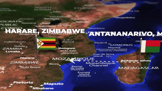 Flight From Antananarivo MADAGASCAR to Harare ZIMBABWE with flag pins