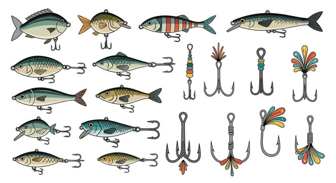 Diverse assortment of colorful fishing lures, artificial fish, and sharp metal hooks for angling and sport fishing.