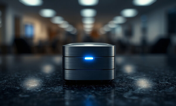 Compact Metallic Mini PC or Tech Gadget with Blue Status Light in Modern Office