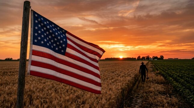 Silhouette of man wearing cowboy hat walking through golden wheat field at sunset. American flag on pole in rural countryside. Patriotism and freedom concept for Independence Day.