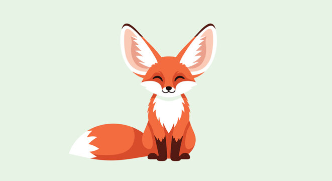 Sweet fennec fox character with large ears and a bushy tail sitting with a happy expression on a light green background.
