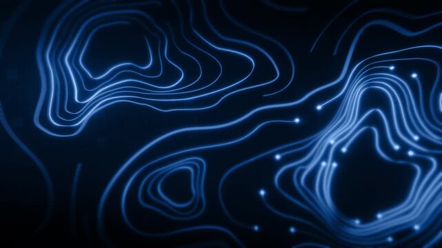 Futuristic digital topographic map with glowing neon contour lines, abstract 3D terrain visualization, modern data technology and cyber landscape concept
