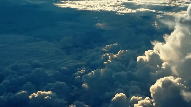 Soft blue aerial cloudscape above mountains and valleys in 4K