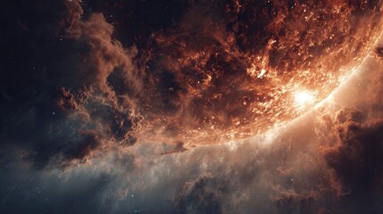 Fototapeta premium Diagonal composition of fiery sun and surrounding cosmic space on clean minimal background with copy space 