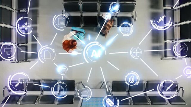 Airport using AI machine learning to analyze passenger movement patterns, VFX compositing. Top down view of innovative airport artificial intelligence used to optimize tourists flow