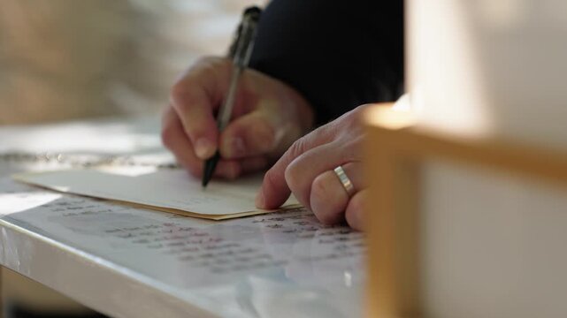 Hands of married person writing on votive paper at temple desk with pen and ring visible Japan