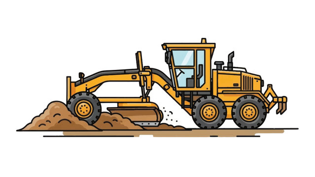 Yellow Motor Grader Illustration Isolated on White Background. Heavy Construction Machinery Leveling Dirt for Roadwork and Infrastructure Development.