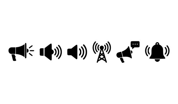 Audio and Sound Icons Vector Illustration Including Megaphone, Speaker, Volume, Broadcast, and Alarm Bell for Digital Media, Music, and Stock Designs