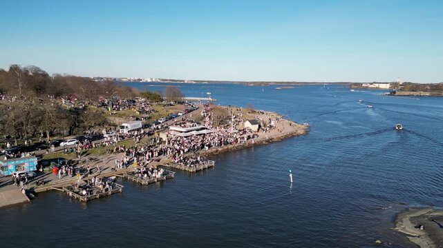 Aerial View of Vappu Celebration at Kaivopuisto Helsinki Finland