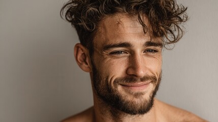 Obraz premium Side view of young man with flawless skin on clean background 