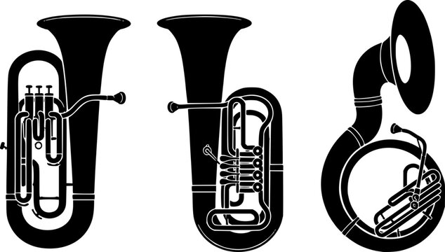 Three black and white illustrations of tubas in different positions and angles, showcasing their unique shapes and structures.