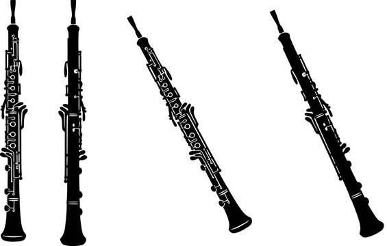 Four different black silhouettes of oboes on white background, musical instruments.