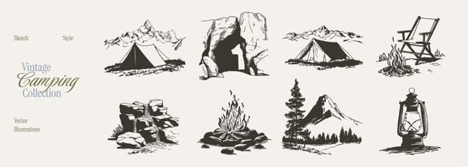 Fototapeta premium Wild mountain camping tent campfire scenery set. Illustrations for travel maps and park branding. Crayon drawn pencil sketch style with a rough graphite crosshatch texture.
