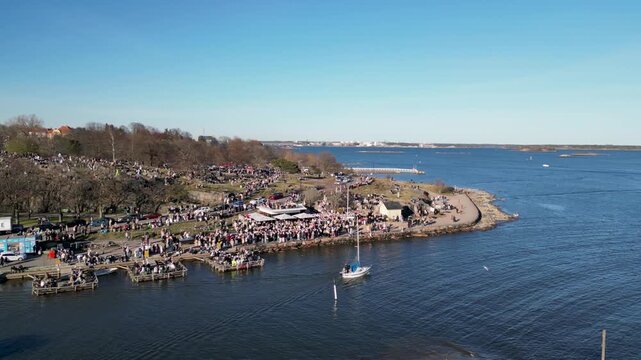 Drone Footage of Crowds Celebrating Vappu in Kaivopuisto