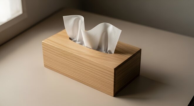 Wooden tissue box with white tissues on a light surface, soft natural light