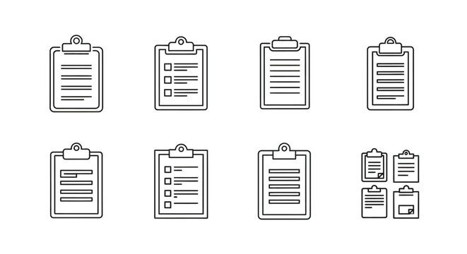 Clipboard icons set with checklist and documents for business tasks