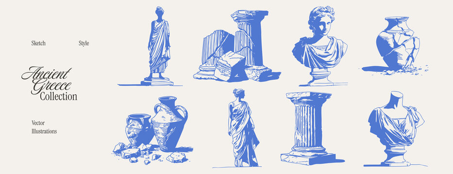 Greek statues, ancient columns, ceramic vases and marble busts set. Illustrations for museum posters and cultural branding. Blue crayon drawn sketch style with rough pencil shading.