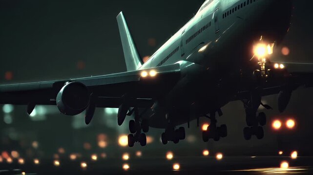 Travel trip journey. A dramatic, highresolution digital artwork depicts an airplane taking off from an airport runway at night. The airplane is in the foreground, its landing gear extended.