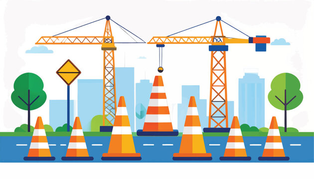 Urban Construction Site Illustration with Tower Cranes and Traffic Cones