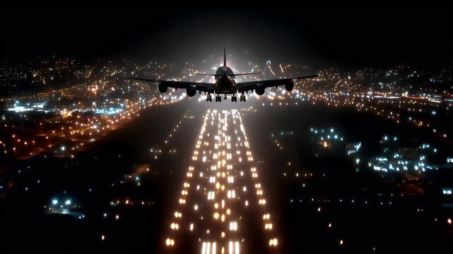 Travel trip journey. A nighttime aerial photograph captures an airplane taking off from an airport runway. The plane, with its landing gear down, is silhouetted against the dark sky.