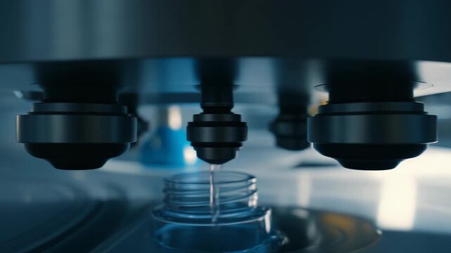 Automated pharmaceutical production line precisely filling clear glass vials with liquid medicine in a sterile clean room, showcasing high tech, quality controlled manufacturing processes