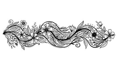 Fototapeta premium Premium Hand-Drawn Floral Wave Border - Elegant Botanical Vines Wildflower Sketches, Aesthetic Line Art Header for Wedding Invitations, Stationery Luxury Branding
