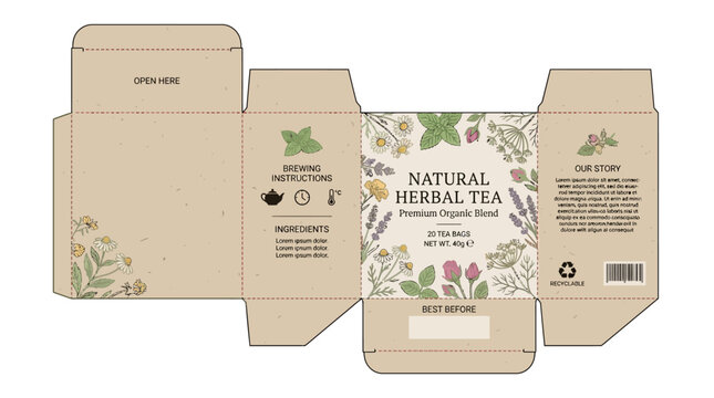Premium Natural Herbal Tea Packaging Design - Vector Food Illustration