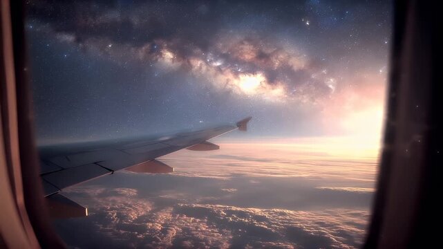Travel trip journey. A vivid portrayal of an airplane window, providing a breathtaking view of the vastness of space. The sky is a mesmerizing blend of deep blues, purples, and pinks.