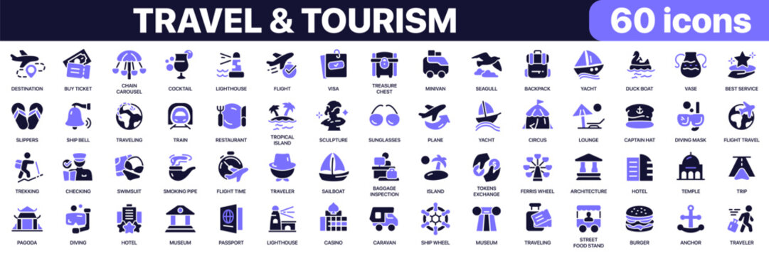 Travel and tourism icon collection in purple colored style. Includes airplane, passport, hotel, luggage, yacht, museum and tropical island icons in flat fill style