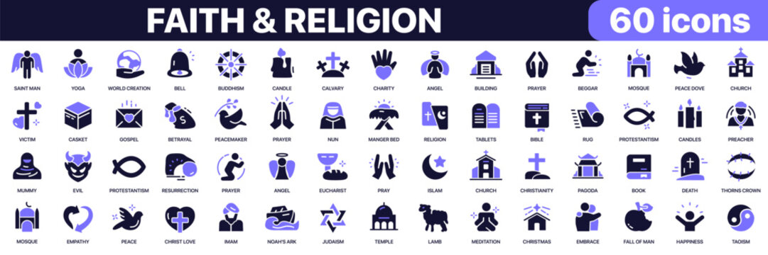 Faith and religion icon collection in purple colored style. Includes prayer, bible, church, mosque, angel, meditation and spiritual belief icons in flat fill style