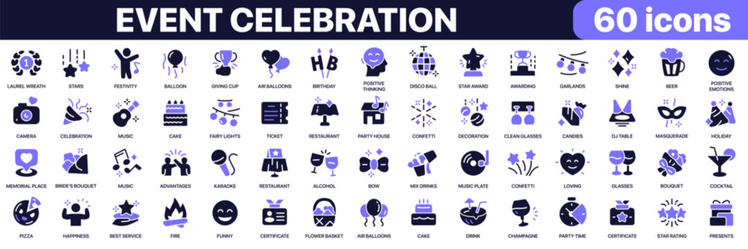 Event celebration icon collection in purple colored style. Includes birthday, confetti, champagne, karaoke, cocktail, party and festive holiday icons in flat fill style