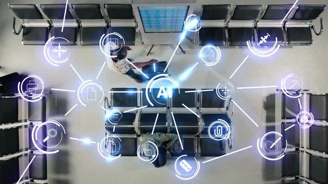Multiethnic travelers walking in airport optimizing operations using AI systems, graphic overlay HUDs. Predictive passenger flow management powered by neural network sensors in airport lounge