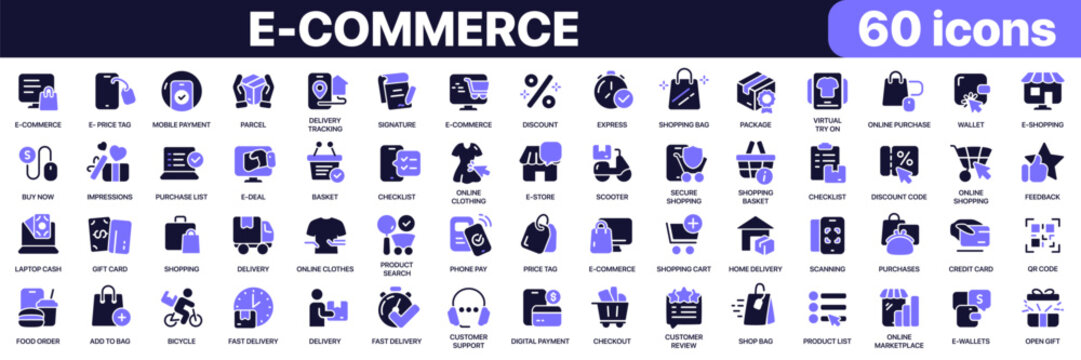 E-commerce icon collection in purple colored style. Includes payment, basket, package, wallet, delivery, discount and marketplace icons in flat fill style