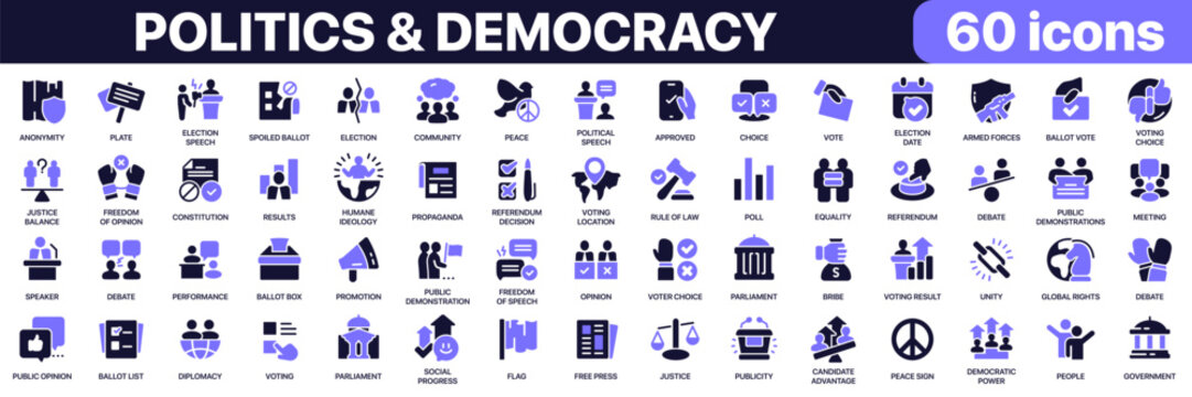Politics and democracy icon collection in purple colored style. Includes election, parliament, voting, diplomacy, justice, debate and democracy icons in flat fill style