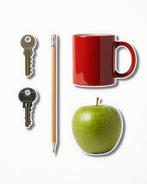 Minimalist still life composition with red apple, measuring tape, and vintage camera on white background