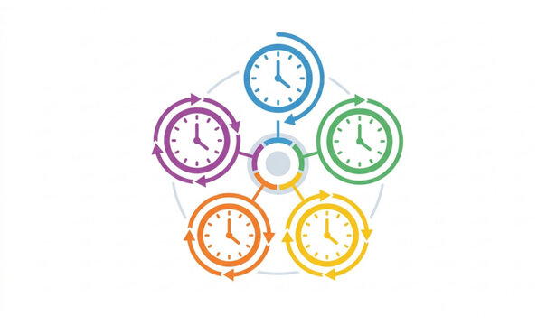 Colorful Circular Alarm Clocks Vector Illustration with Five Clocks in Blue, Green, Purple, Orange, and Yellow for Productivity, Time Management, and Infographic Designs