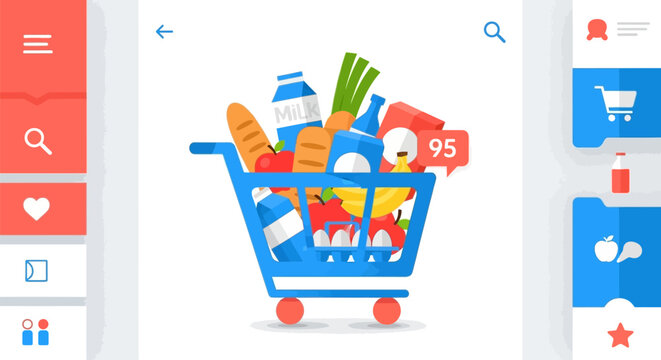 Digital shopping cart illustration featuring fresh groceries like milk bread and fruits inside a blue container with a notification bubble showing the number ninety five in a modern flat design.