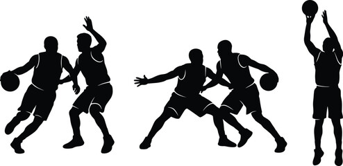 Black silhouette illustrations of basketball players dribbling, defending, and shooting in dynamic sports action poses © It's Bishaaaaaal