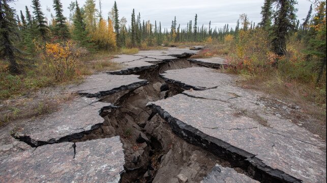 Deep cracks fracture the ground as permafrost melts, revealing exposed earth and damaged landscape with boreal forest in background.