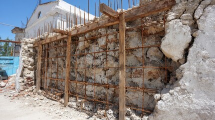 Fototapeta premium Dilapidated Stone Wall Under Construction with Exposed Rebar and Wooden Supports