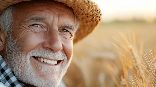 A farmer stands in a wheat field during sunset. He smiles warmly, enjoying the golden light. His straw hat and checkered shirt are part of his simple life. The wheat sways gently