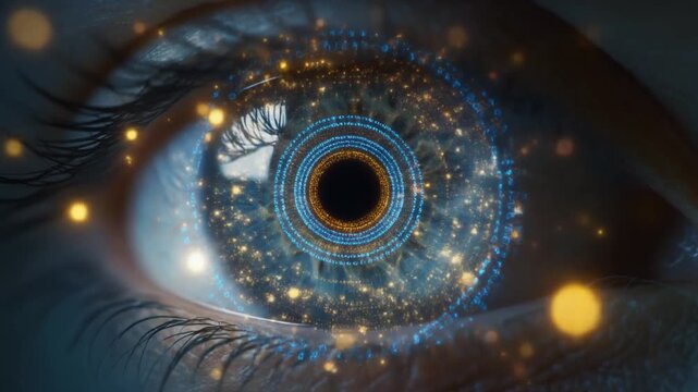 The Eye and the Data. A photorealistic cinematic extreme macro shot of a beautiful human eye. The reflection in the eye's pupil: a swirling vortex of glowing golden and blue data particles.
