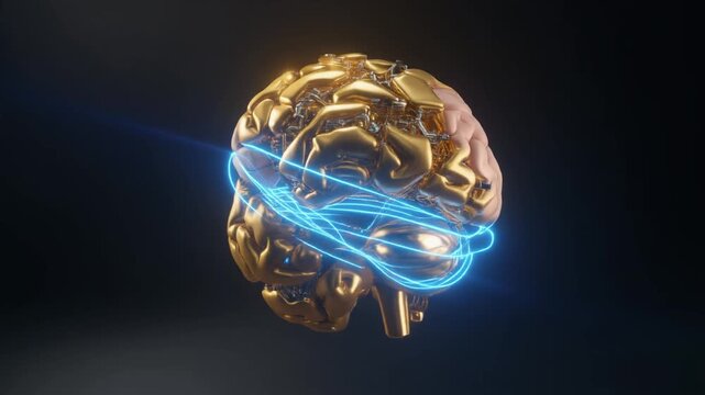 The Golden Core / Brain. A powerful 3D rendering. In the center of a dark space is a single large object that is half a realistic human brain and half a complex golden mechanical orb (the AI core).
