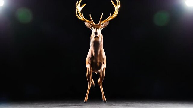 Majestic Stag Running, brown deer with large golden antlers galloping against a dark studio background with cinematic lighting, ideal for nature documentaries and dramatic storytelling.