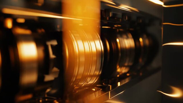 Abstract close up of intricate engine components and machinery, with metal gears and shafts reflecting warm golden light, conveying concepts of engineering, power, and industry