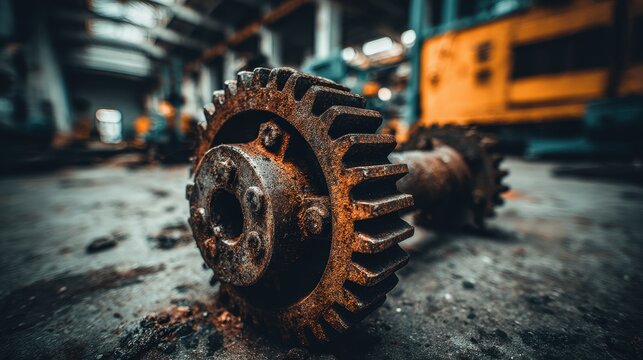 A close-up view of a heavily rusted metal gear with worn teeth, hinting at its past functionality in an industrial setting.
