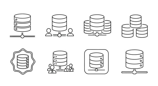 Set of database server icons with network connections, tech concepts