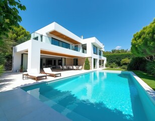 Fototapeta premium Modern white villa with large swimming pool. Outdoor lounge area with furniture. Lush green garden surrounds luxurious property. Clear blue sky above contemporary home architecture.