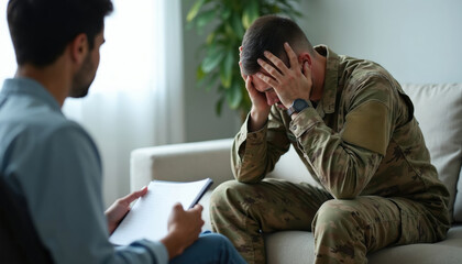 Fototapeta na wymiar Soldier in uniform sits head in hands during therapy session with counselor. Veteran discusses mental health struggles, trauma, and seeking support for PTSD.